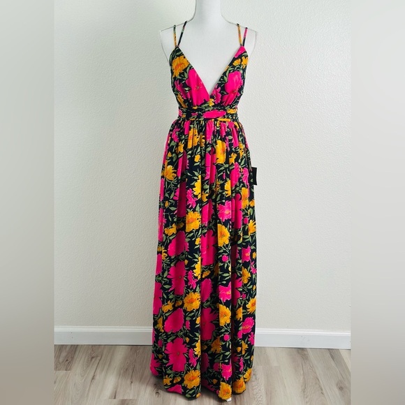 Lulu's Navy Neon Floral Print Sleeveless Strappy Maxi Dress Size Small - Picture 5 of 14